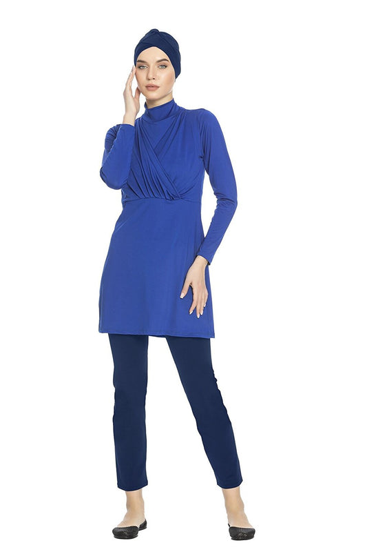 Women's Hijab Blue Long Sleeve Bonnet Full Covered Tights Lycra Dress Swimsuit HZL24S-AR1285-33