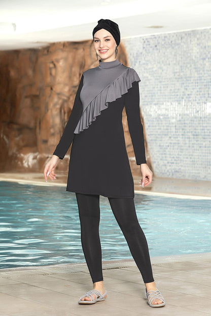 Women's Hijab Black Long Sleeve Bonnet Full Covered Front Ruffle Leggings Dress Swimsuit HZL24S-AR1262-01