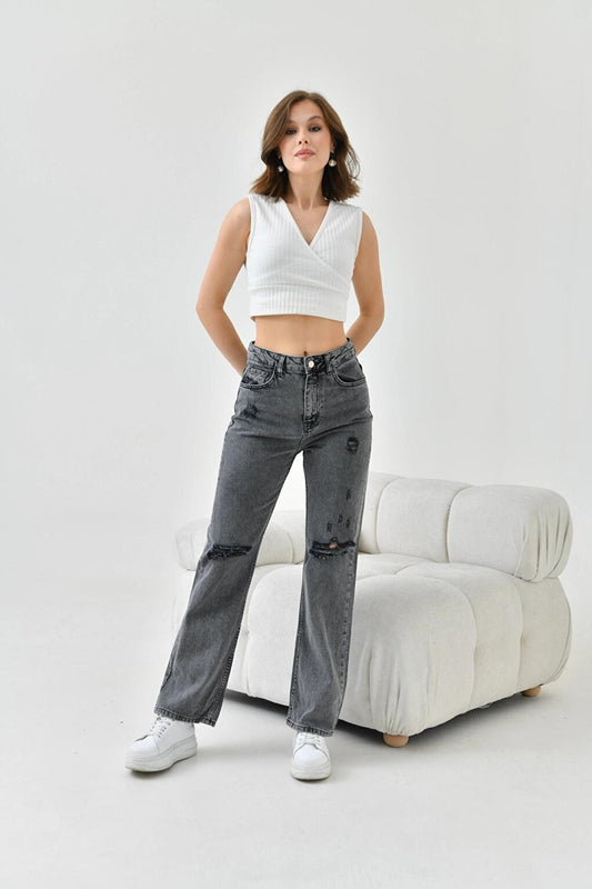 Women's Anthracite Ripped Jean Trousers