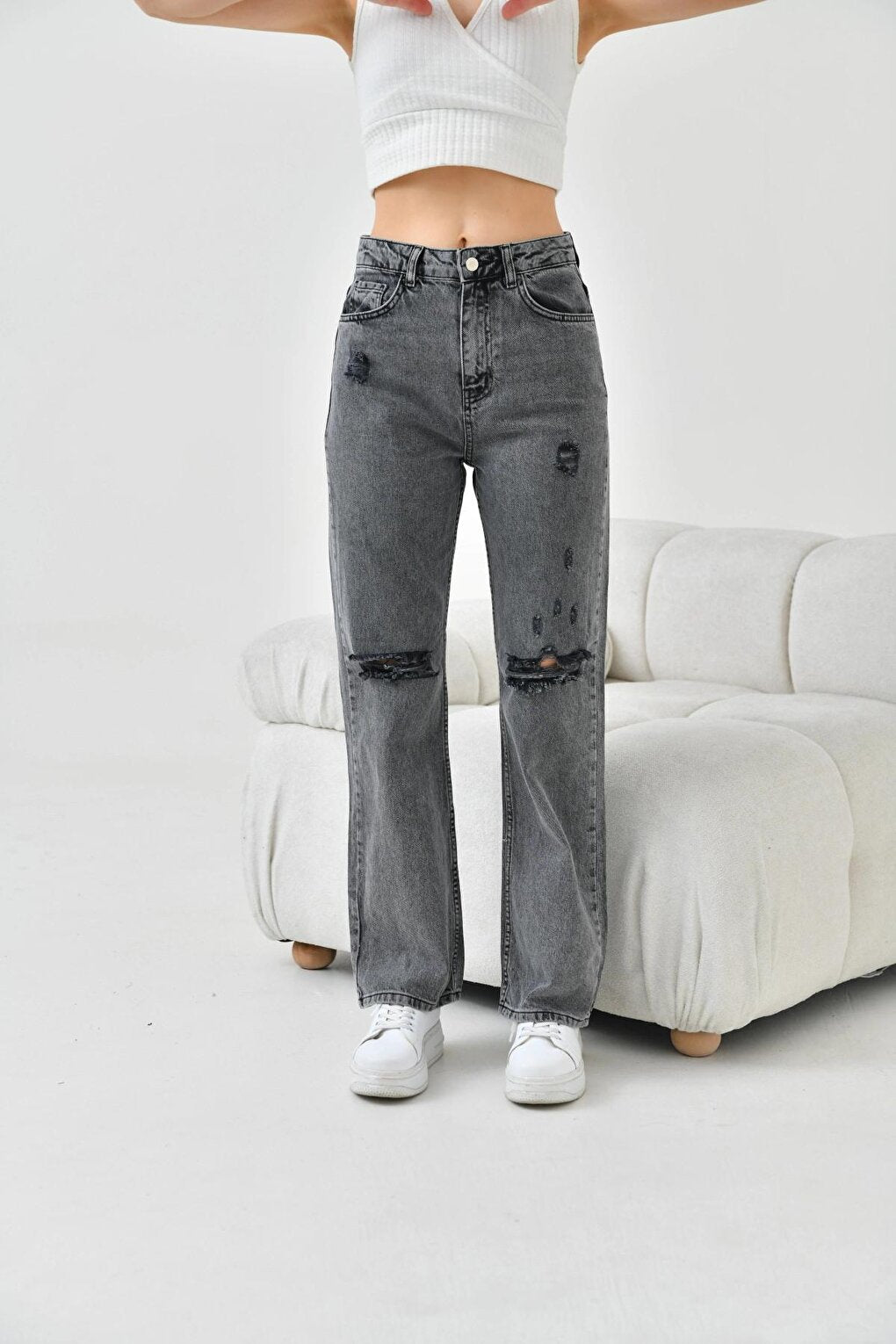 Women's Anthracite Ripped Jean Trousers