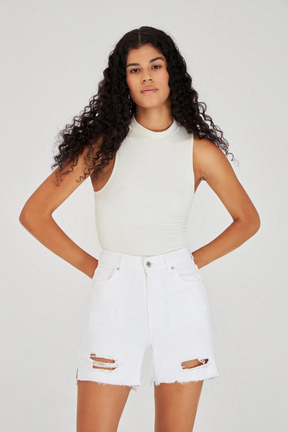 Women's White Ripped Detailed White Jean Shorts