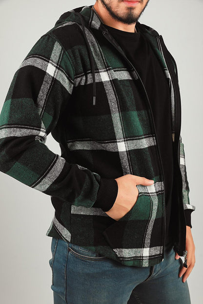 Men's Zippered Hooded Plaid Patterned Jacket Shirt