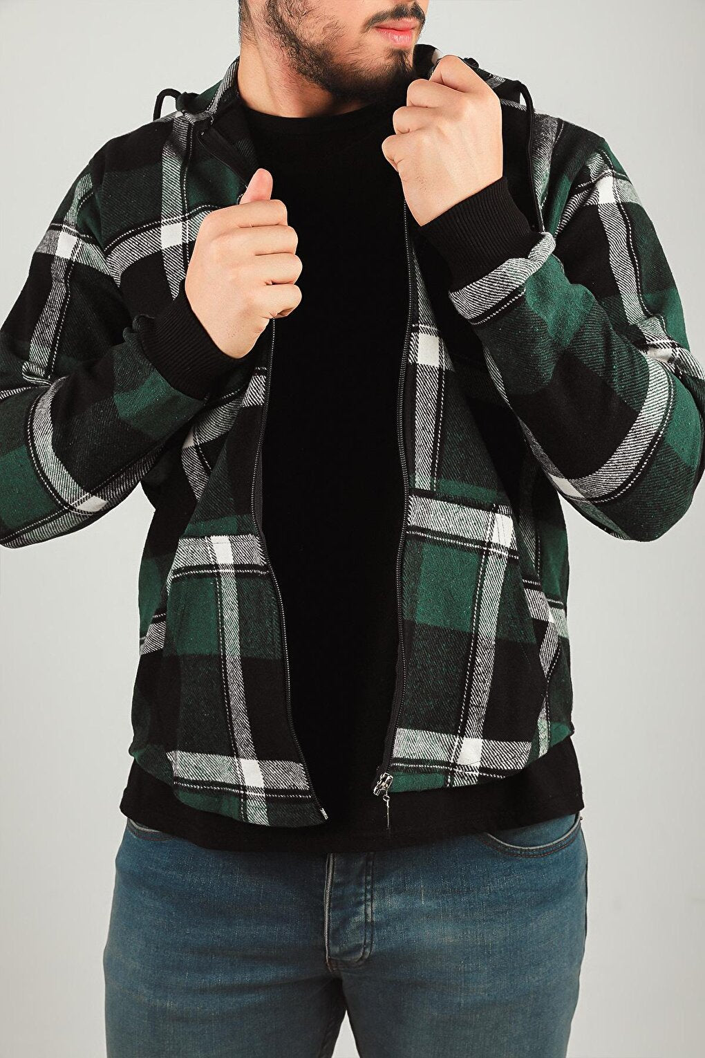 Men's Zippered Hooded Plaid Patterned Jacket Shirt