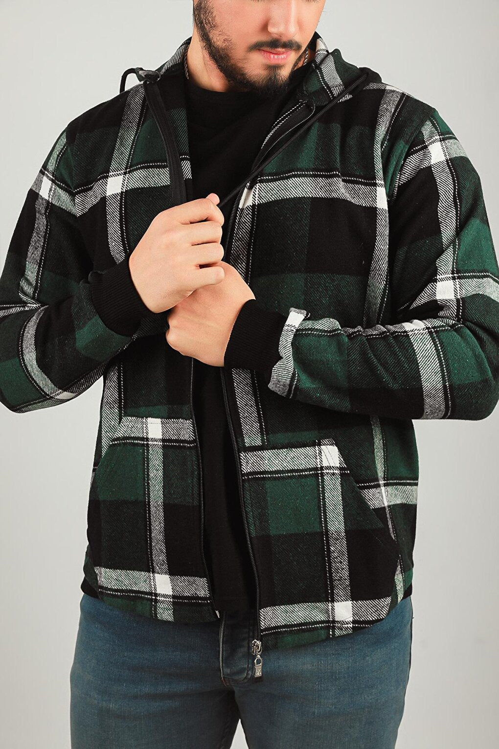 Men's Zippered Hooded Plaid Patterned Jacket Shirt