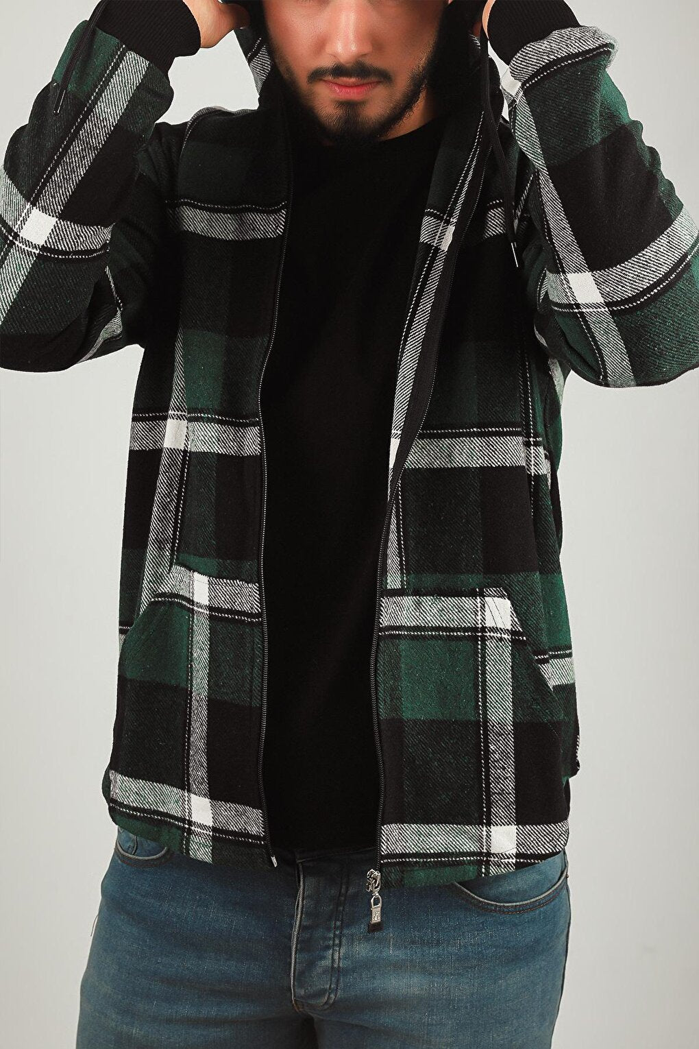 Men's Zippered Hooded Plaid Patterned Jacket Shirt