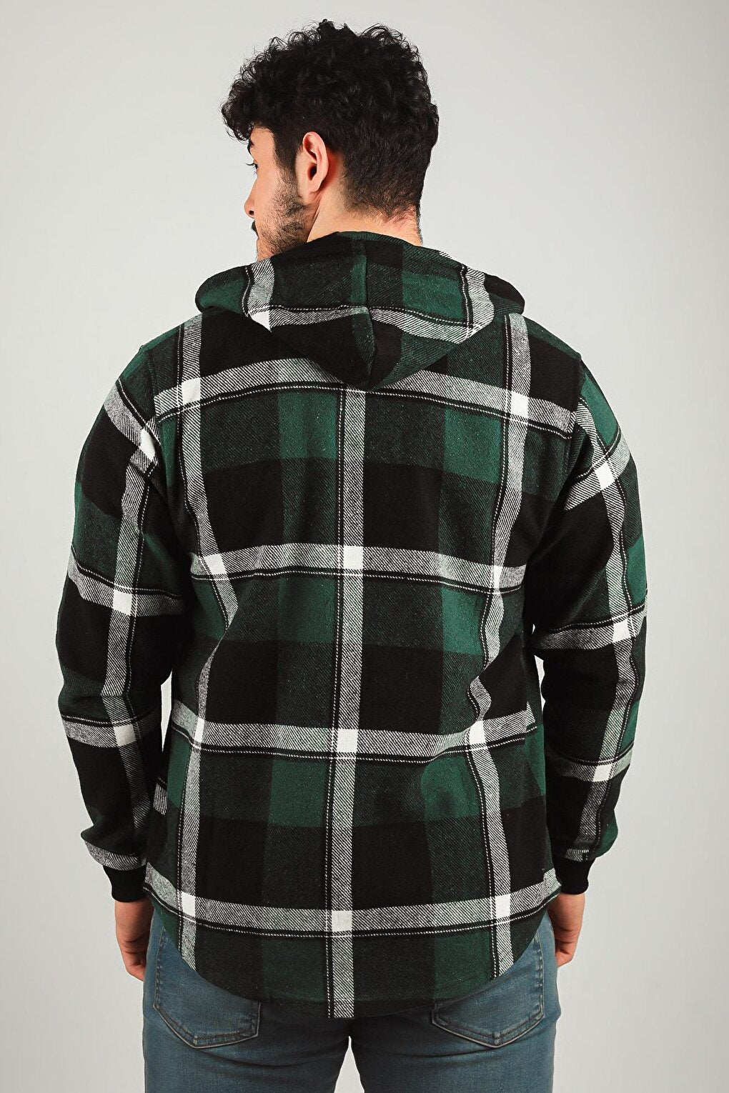 Men's Zippered Hooded Plaid Patterned Jacket Shirt