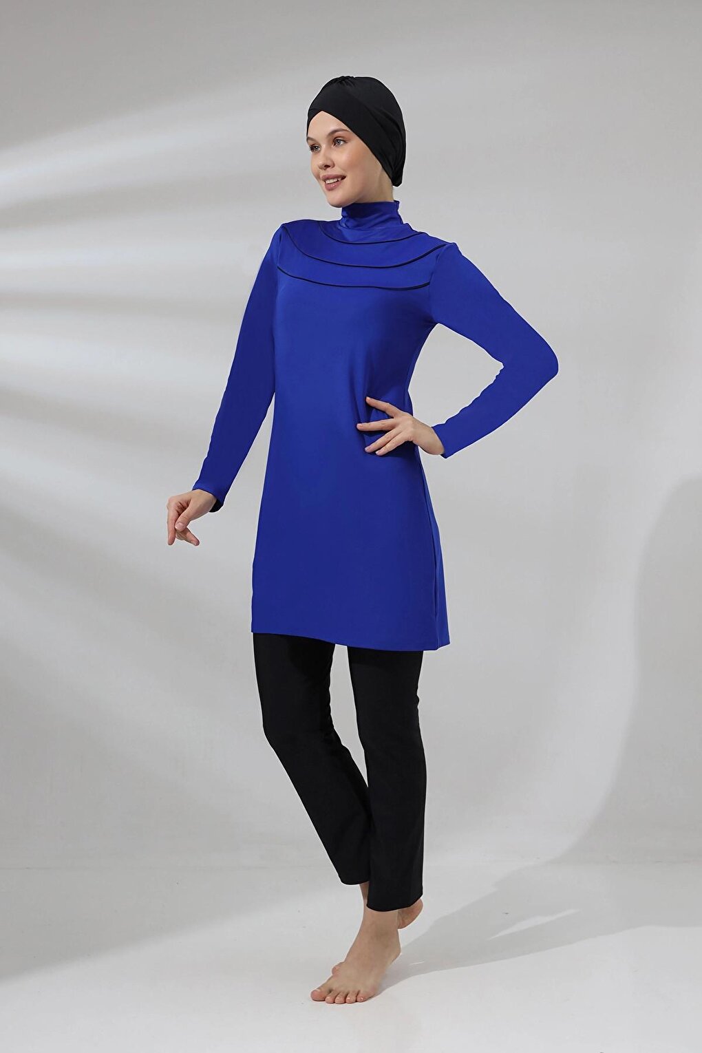 Women's Hijab Saks Blue Turtleneck Long Sleeve Full Covered Tights Lycra Dress Swimsuit HZL24S-AR1286-11