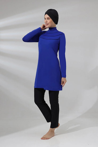 Women's Hijab Saks Blue Turtleneck Long Sleeve Full Covered Tights Lycra Dress Swimsuit HZL24S-AR1286-11