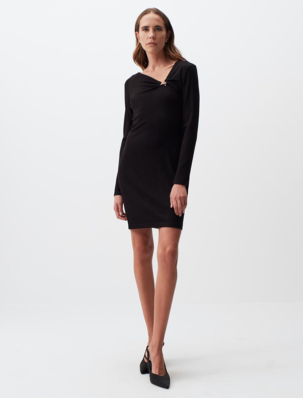 Black Asymmetrical Collar Long Sleeve Stylish Mini Dress