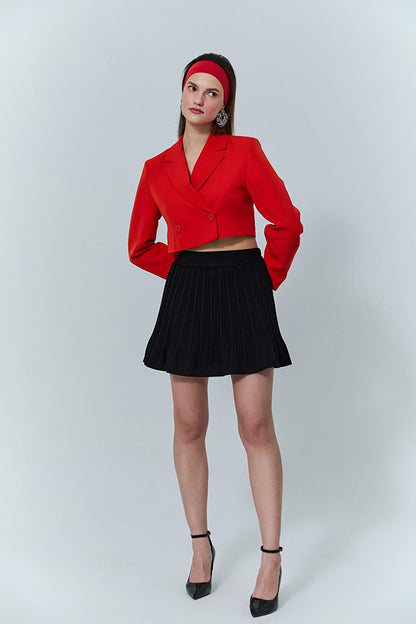 Pleat Detailed Elastic Waist Mini Skirt Black