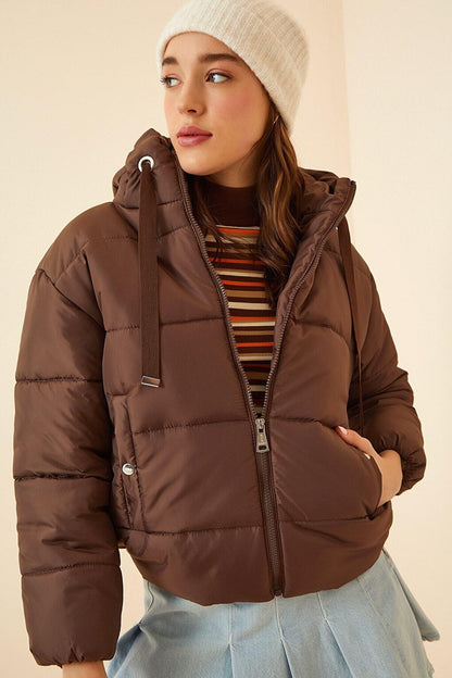 Women's Chocolate Hooded Waist Drawstring Puffer Coat HZL22W-BD151171