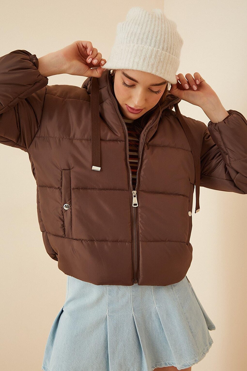 Women's Chocolate Hooded Waist Drawstring Puffer Coat HZL22W-BD151171