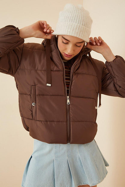 Women's Chocolate Hooded Waist Drawstring Puffer Coat HZL22W-BD151171