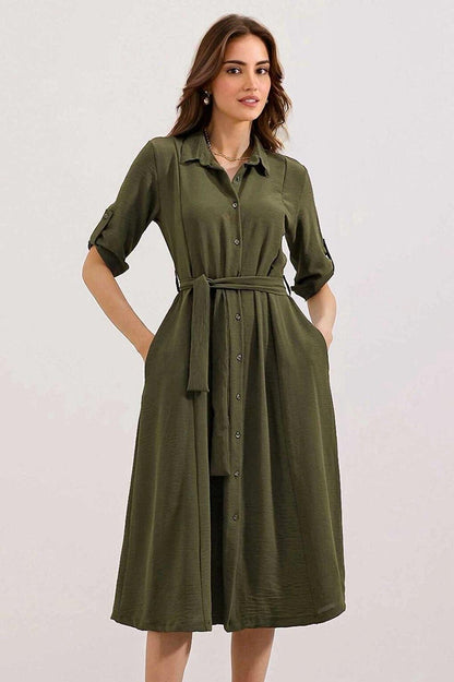 Women's Khaki Hidden Pocket Belted Viscose Shirt Dress HZL24S-BD124421