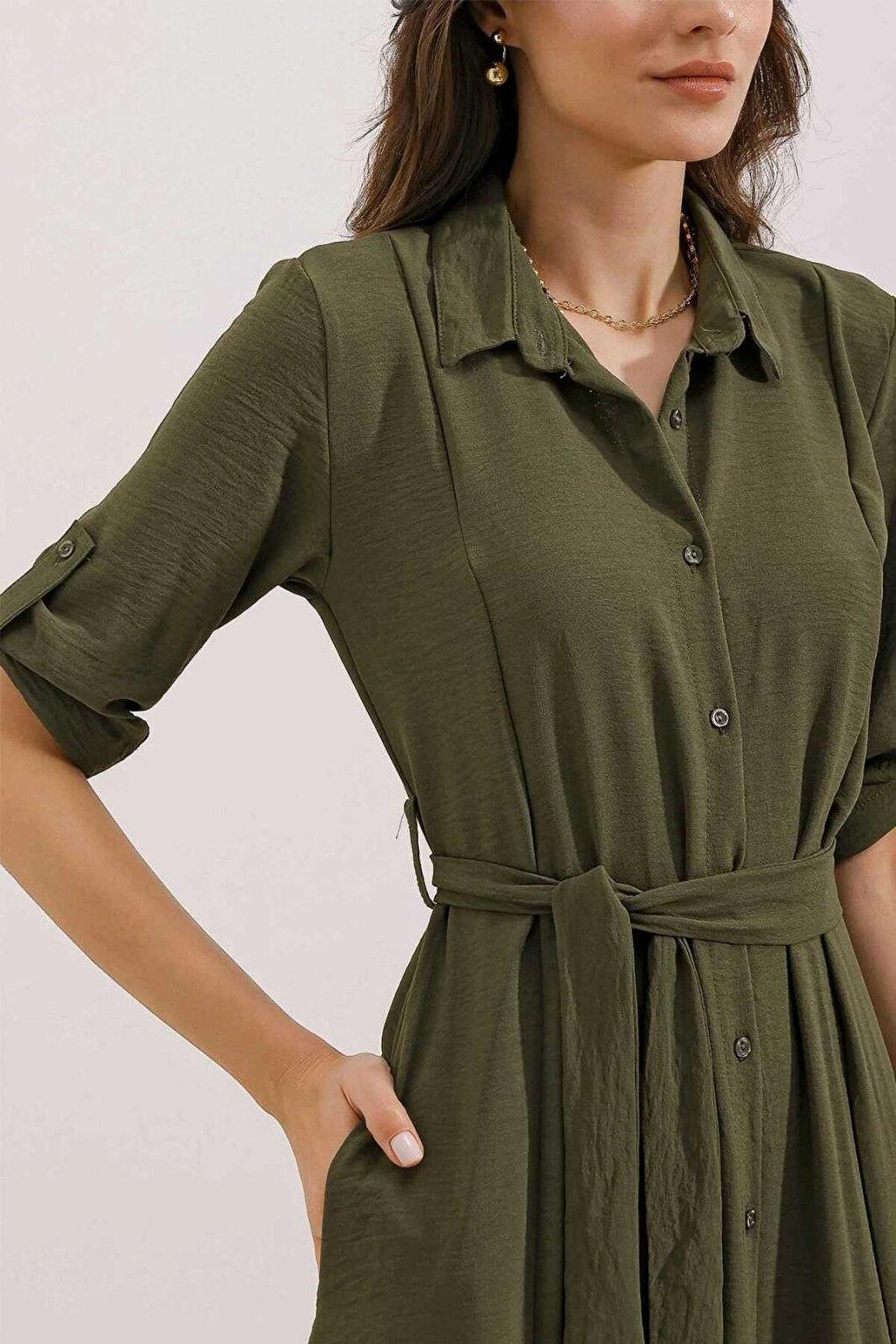 Women's Khaki Hidden Pocket Belted Viscose Shirt Dress HZL24S-BD124421