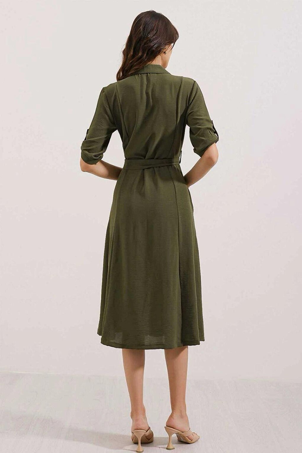 Women's Khaki Hidden Pocket Belted Viscose Shirt Dress HZL24S-BD124421