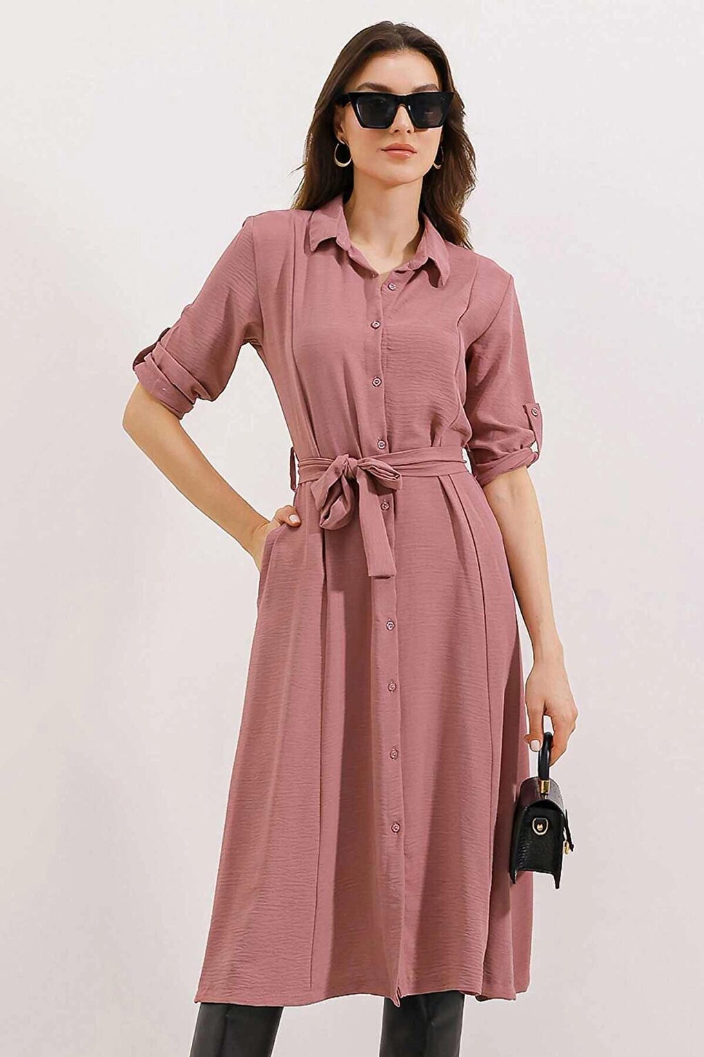 Women's Dusty Rose Hidden Pocket Belted Viscose Shirt Dress HZL24S-BD124421