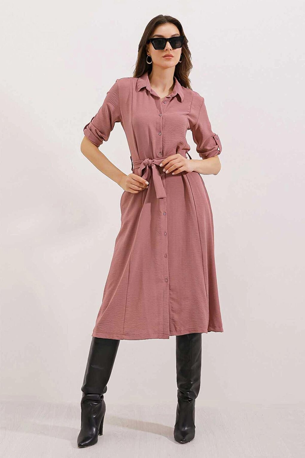 Women's Dusty Rose Hidden Pocket Belted Viscose Shirt Dress HZL24S-BD124421