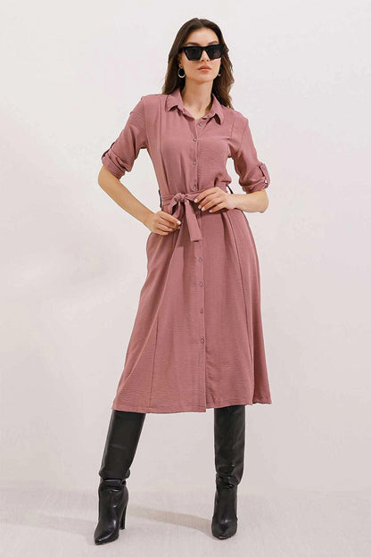 Women's Dusty Rose Hidden Pocket Belted Viscose Shirt Dress HZL24S-BD124421