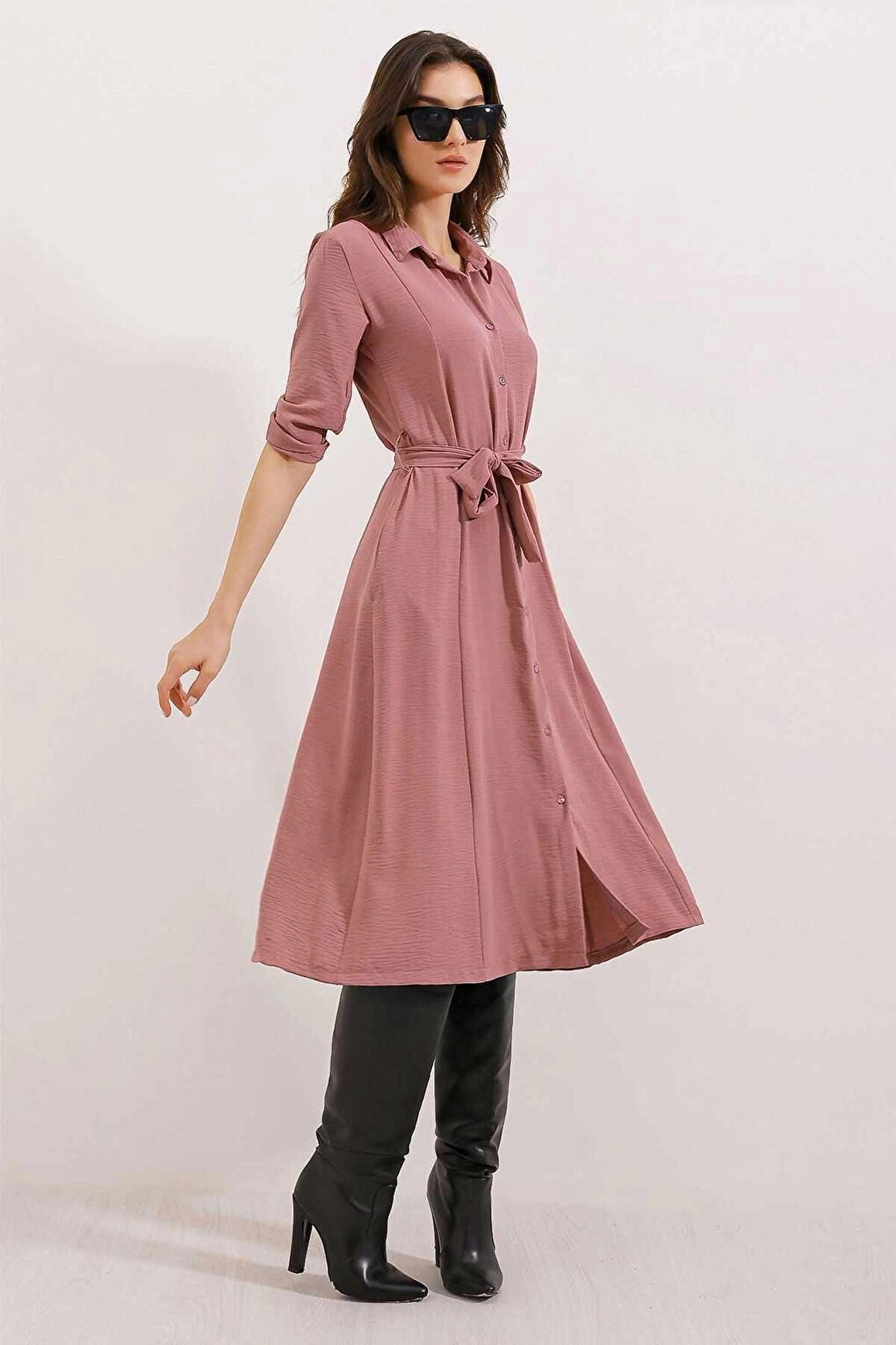 Women's Dusty Rose Hidden Pocket Belted Viscose Shirt Dress HZL24S-BD124421