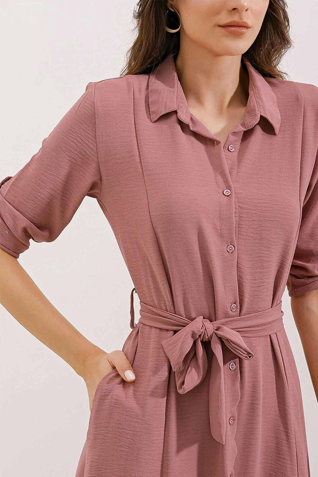 Women's Dusty Rose Hidden Pocket Belted Viscose Shirt Dress HZL24S-BD124421