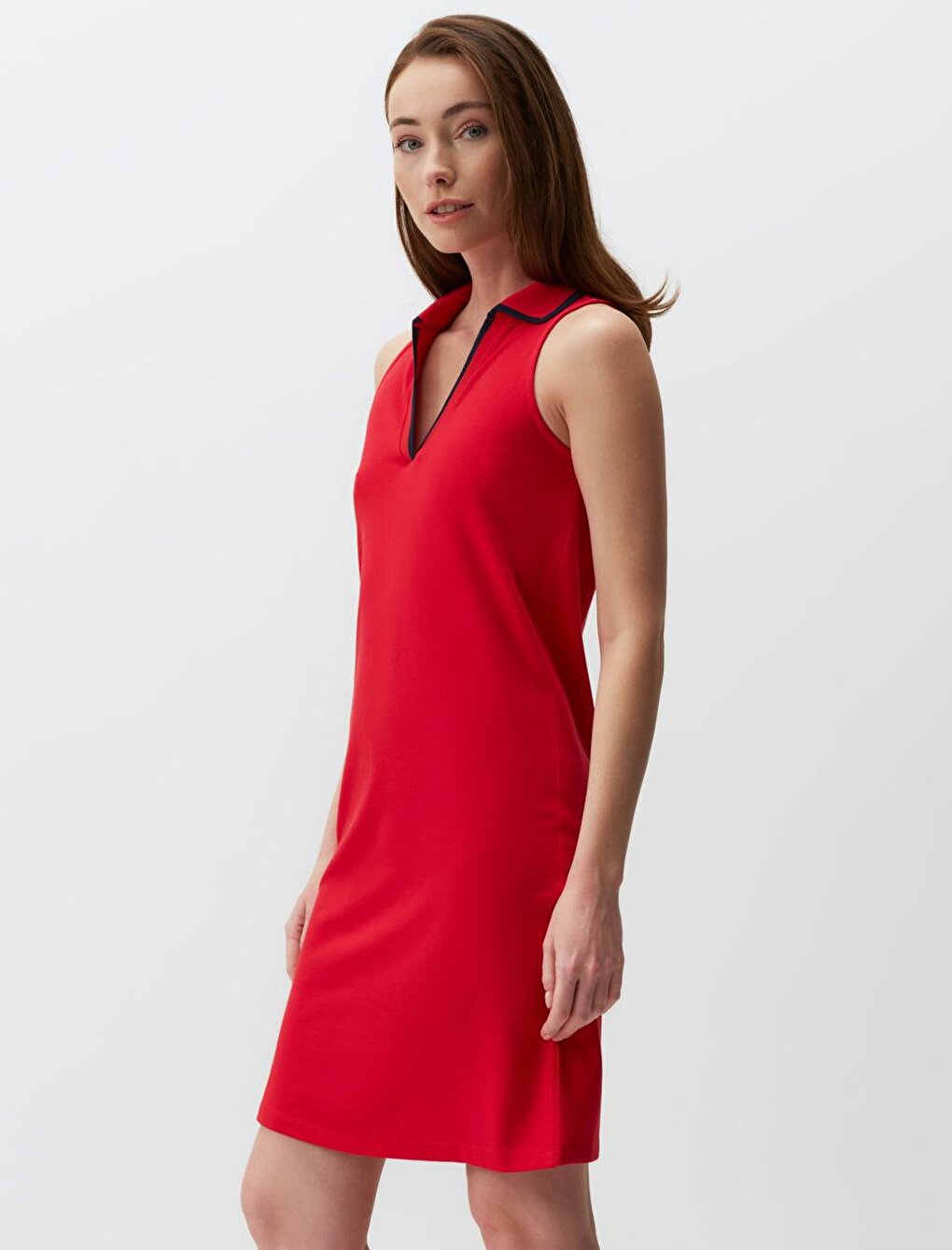 Red Pique Fabric Sleeveless V-Neck Mini Dress