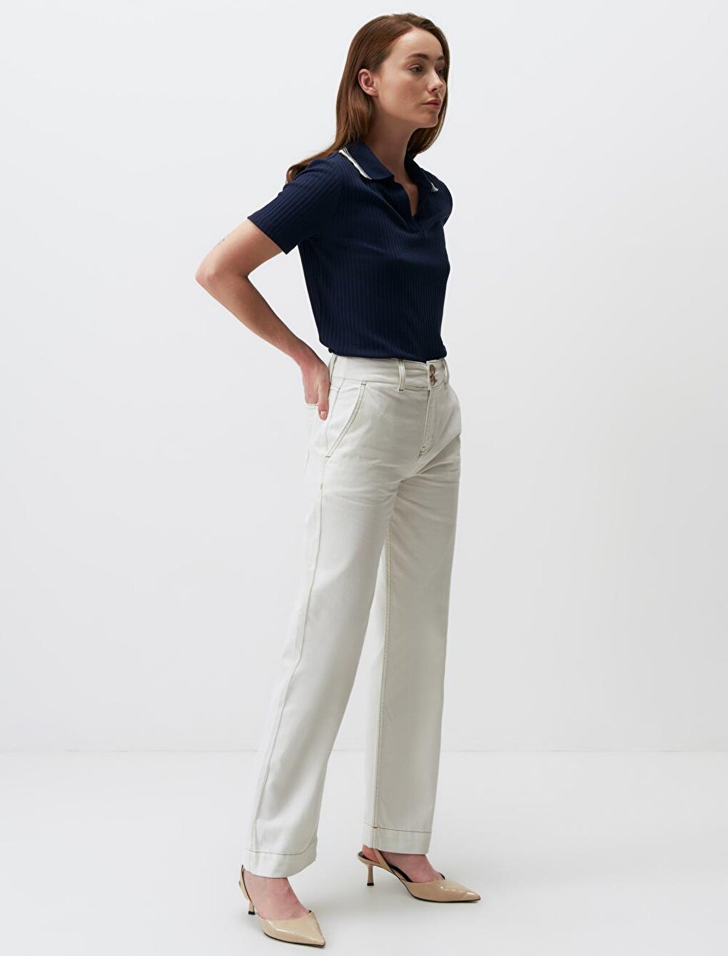 Ecru High Waist Loose Cut Jean Trousers