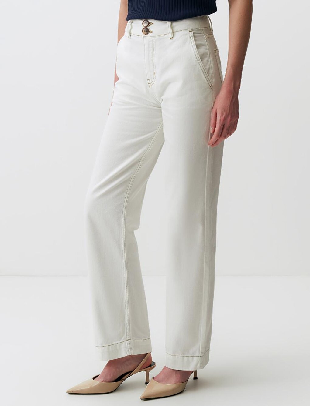 Ecru High Waist Loose Cut Jean Trousers