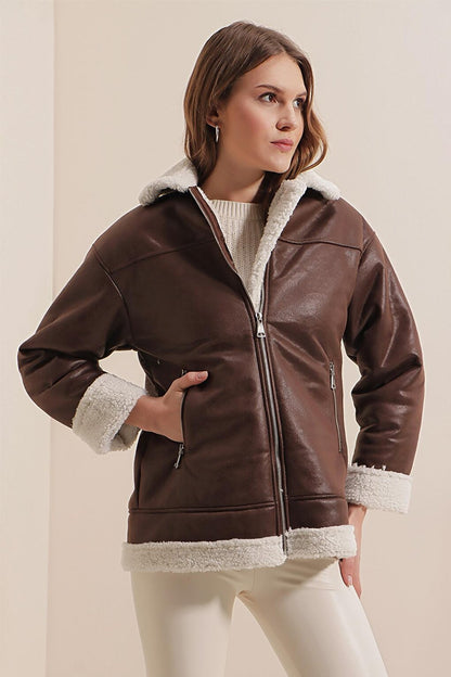 9103 Faux Fur Zippered Coat - Brown