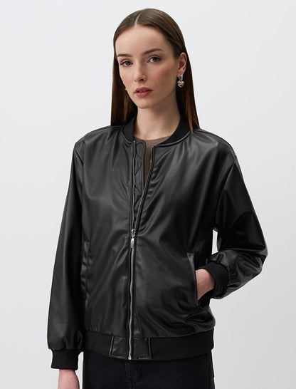 Black Long Sleeve Leather Bomber Jacket