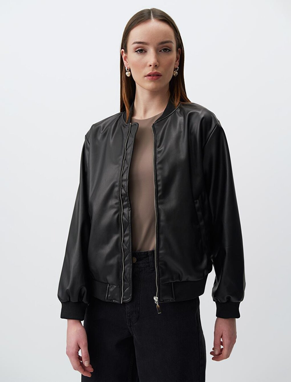 Black Long Sleeve Leather Bomber Jacket