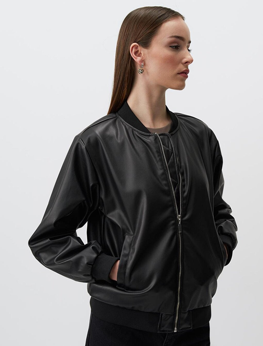 Black Long Sleeve Leather Bomber Jacket