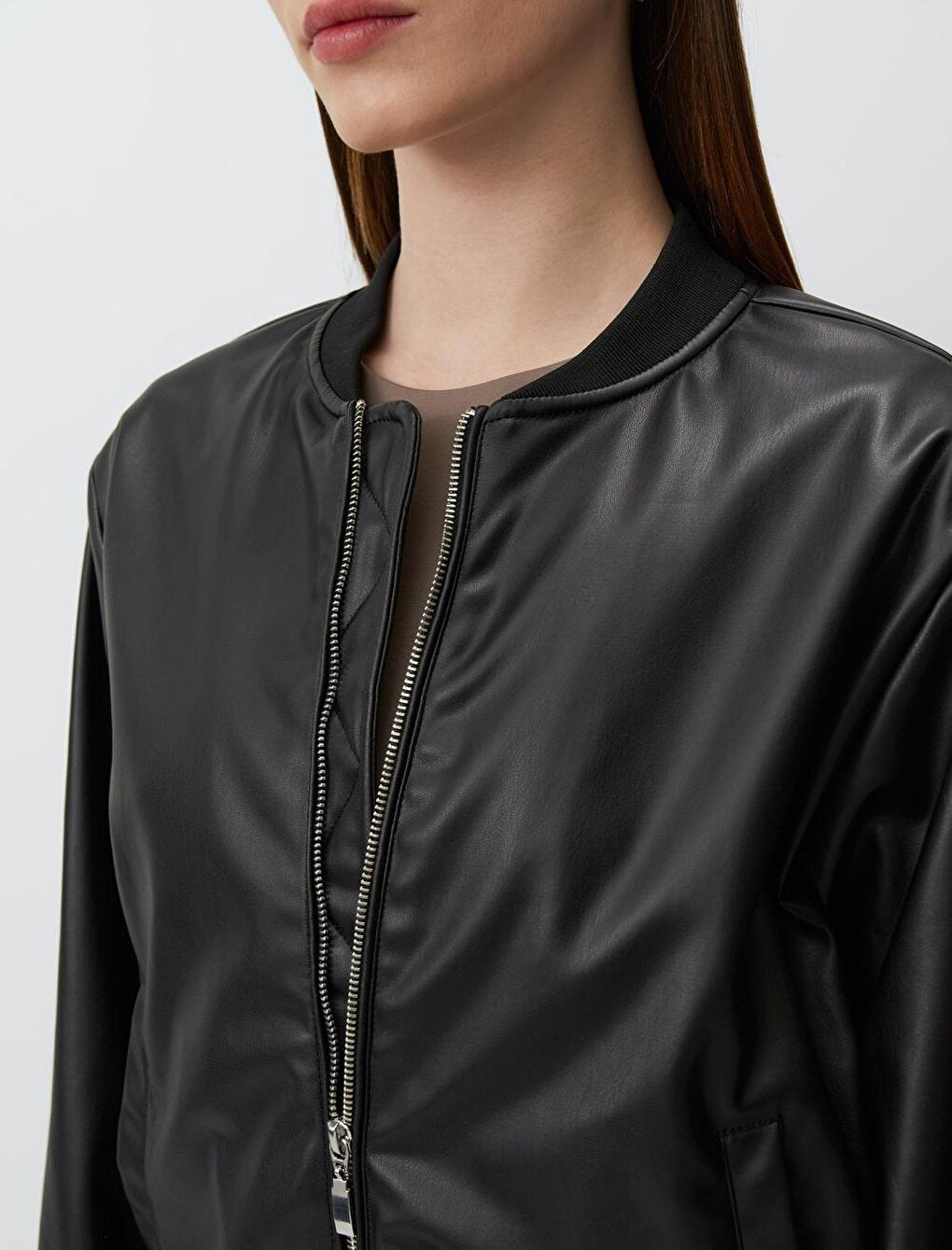 Black Long Sleeve Leather Bomber Jacket