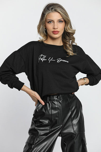 Crew Neck Women's Sweatshirt with Front Text Printed