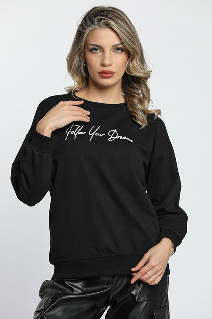 Crew Neck Women's Sweatshirt with Front Text Printed