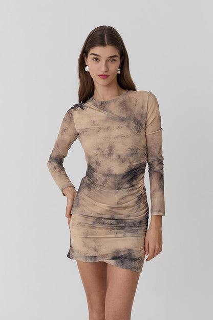 Drape Detailed Patterned Tulle Mini Dress Camel