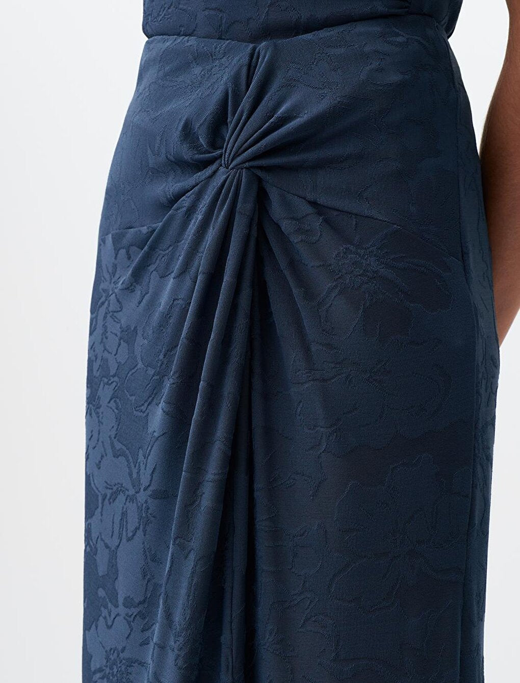 Blue Petrol Floral Pattern Gathered Slit Midi Skirt