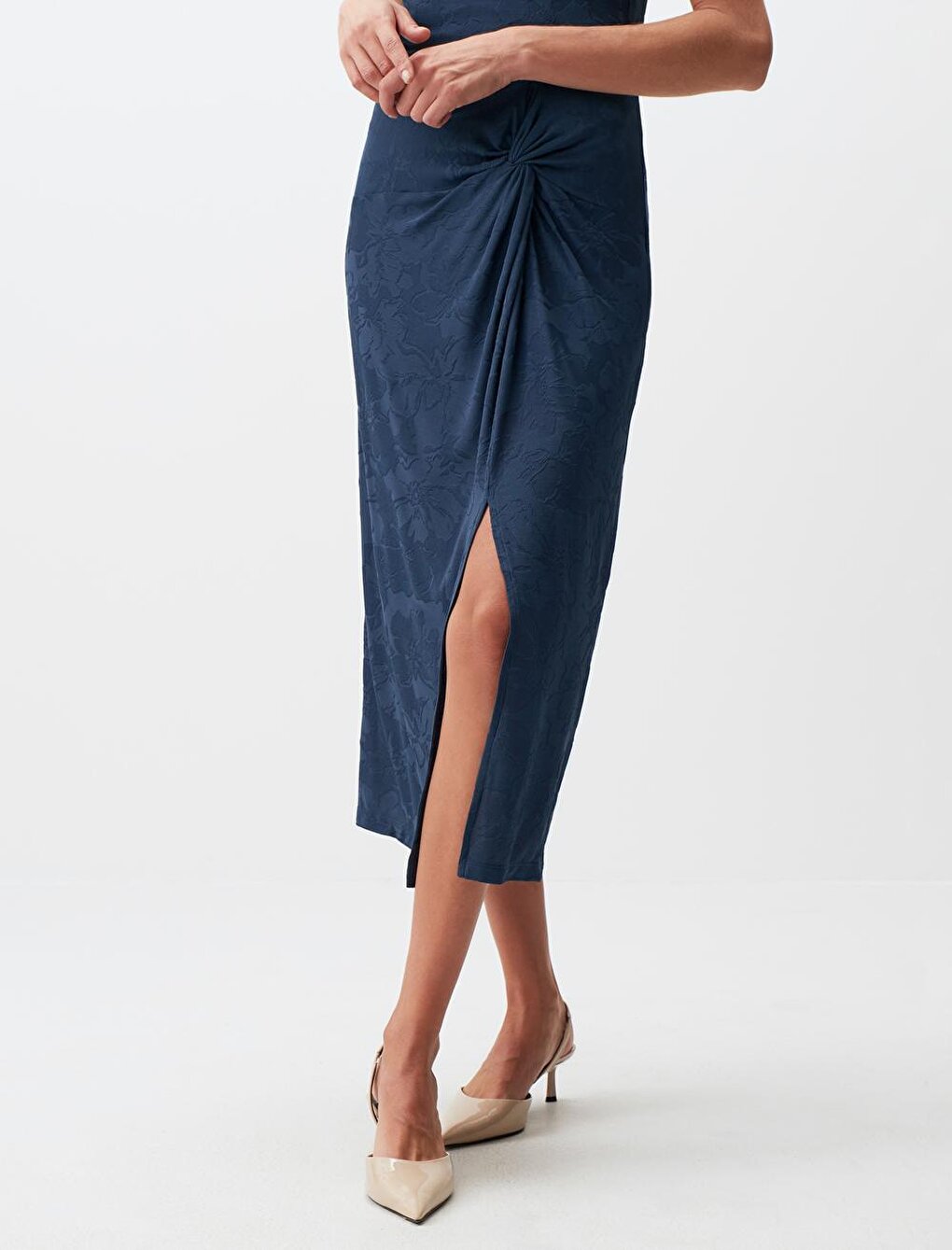 Blue Petrol Floral Pattern Gathered Slit Midi Skirt