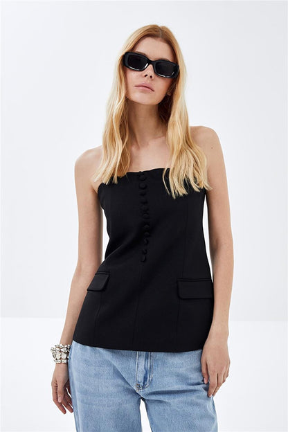 Black Coated Button Detailed Zippered Strapless Woven Top