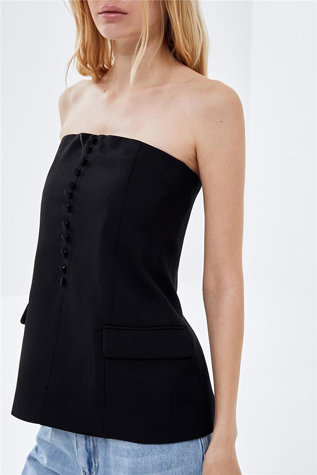 Black Coated Button Detailed Zippered Strapless Woven Top