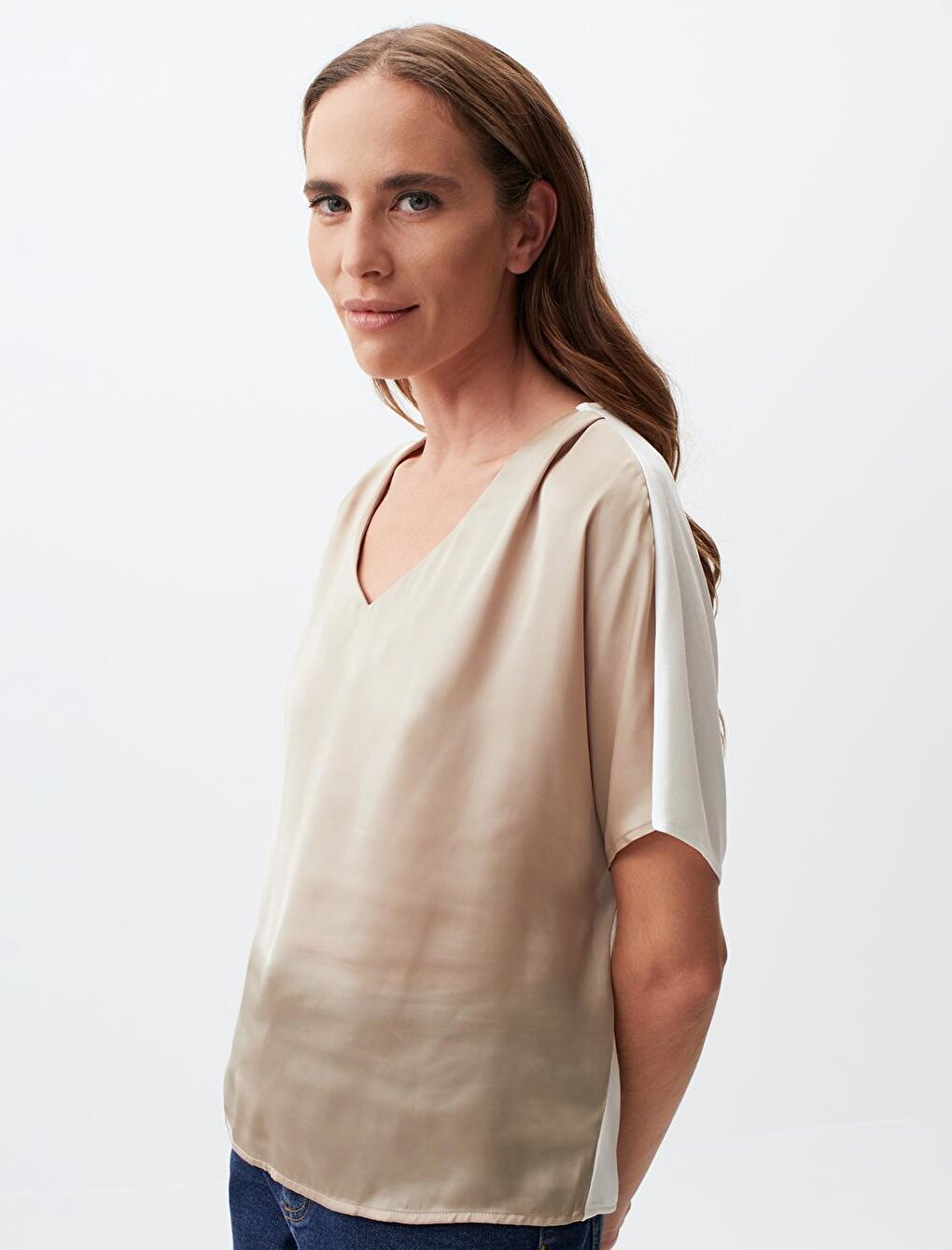 Mink Short Sleeve V-Neck Satin Blouse