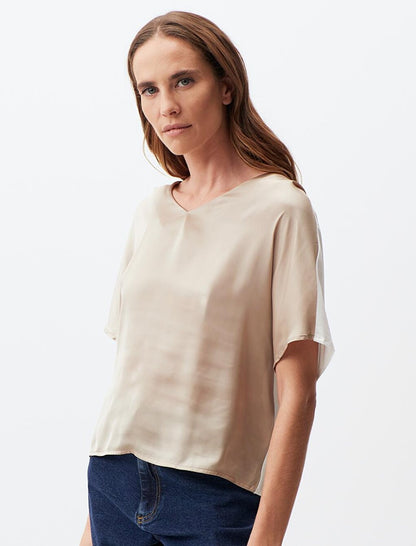 Mink Short Sleeve V-Neck Satin Blouse