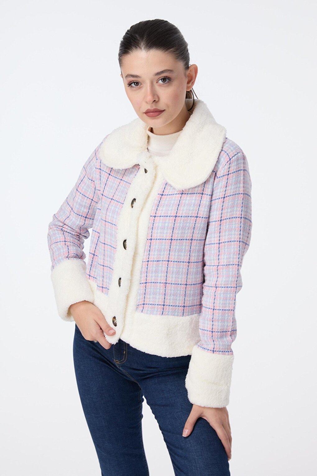 Straight Shirt Collar Women's Pink Jacket - 13053