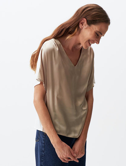 Mink Short Sleeve V-Neck Satin Blouse