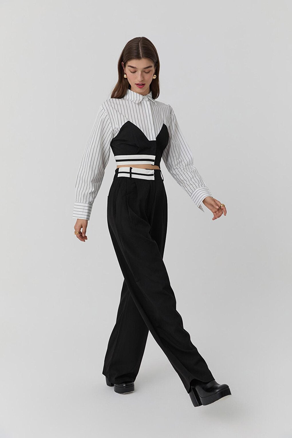 Waist Detailed High Waist Fabric Trousers Black