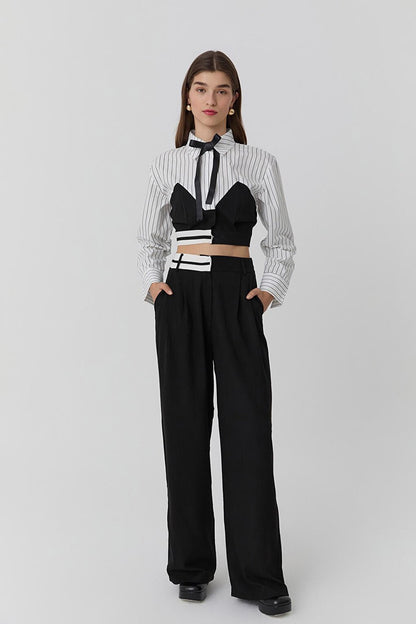 Waist Detailed High Waist Fabric Trousers Black