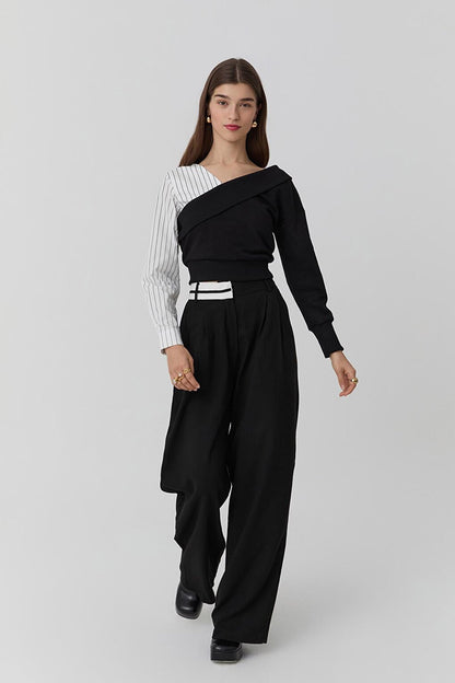 Waist Detailed High Waist Fabric Trousers Black