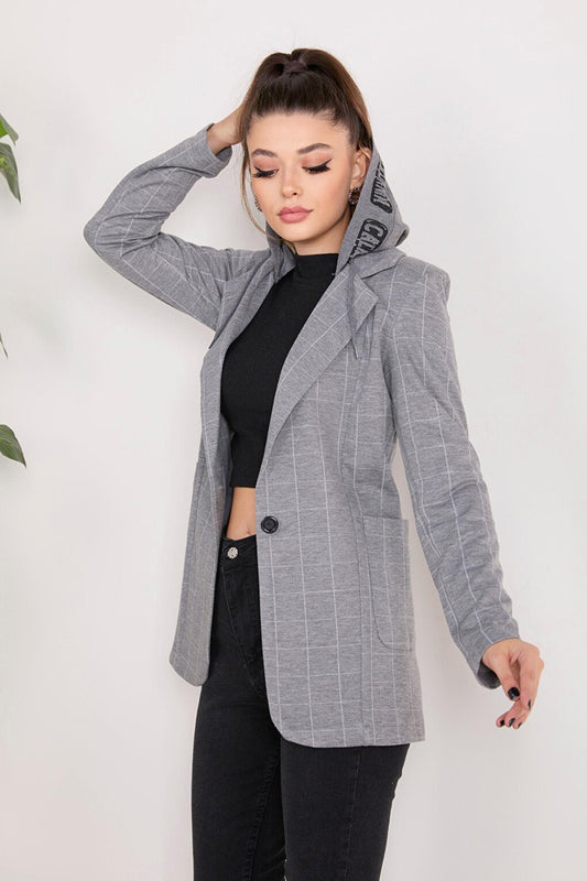 Flat Hooded Collar Women's Gray Jacket - 23080