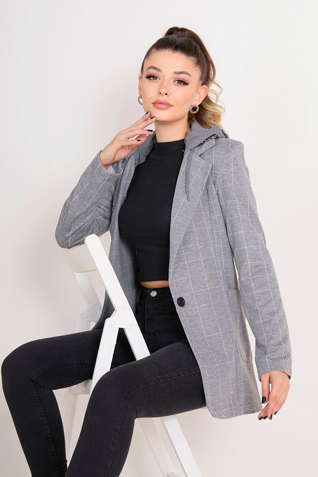 Flat Hooded Collar Women's Gray Jacket - 23080