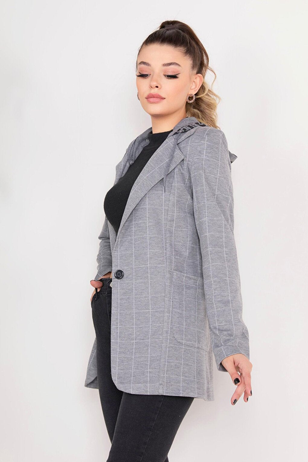 Flat Hooded Collar Women's Gray Jacket - 23080